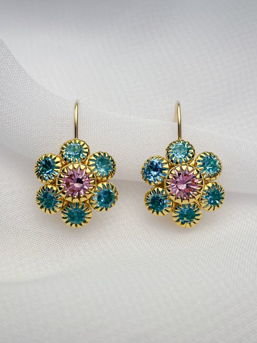 Vintage Joan Rivers Crystal Jewel Flowers Blue Pink Gold Leverback Earrings - Picture 3 of 11